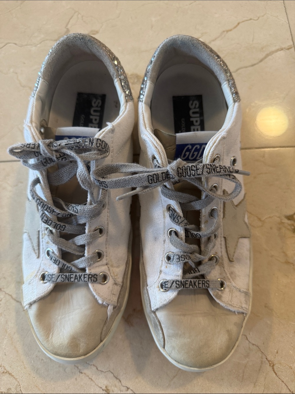 Golden Goose White Low-Top Sneakers with Silver Glitter Heel